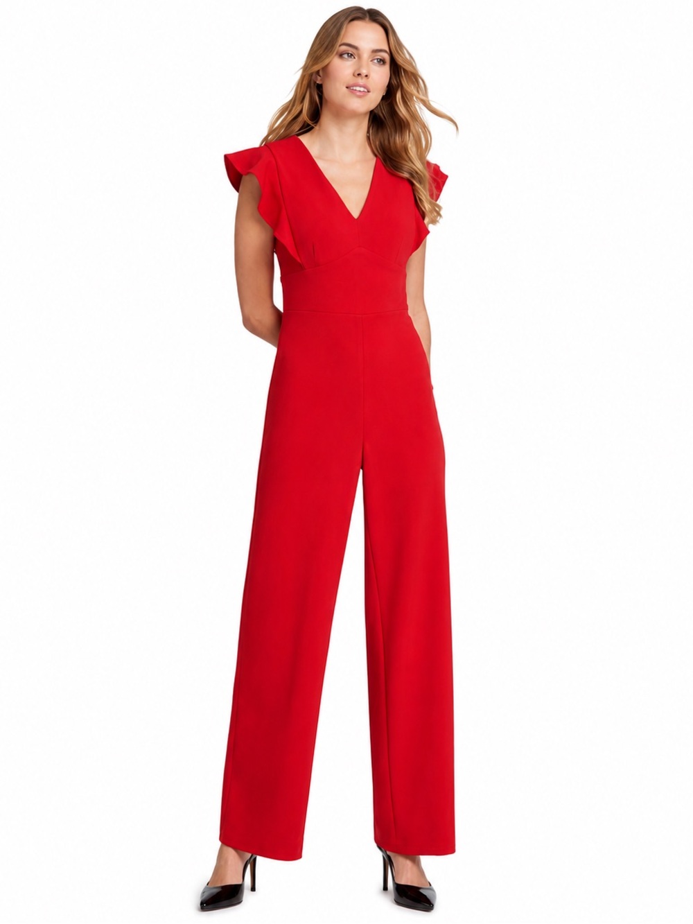 DKNY Red Wide Leg Jumpsuit Flutter Sleeve V Neck Ruffle Size 2 NWT